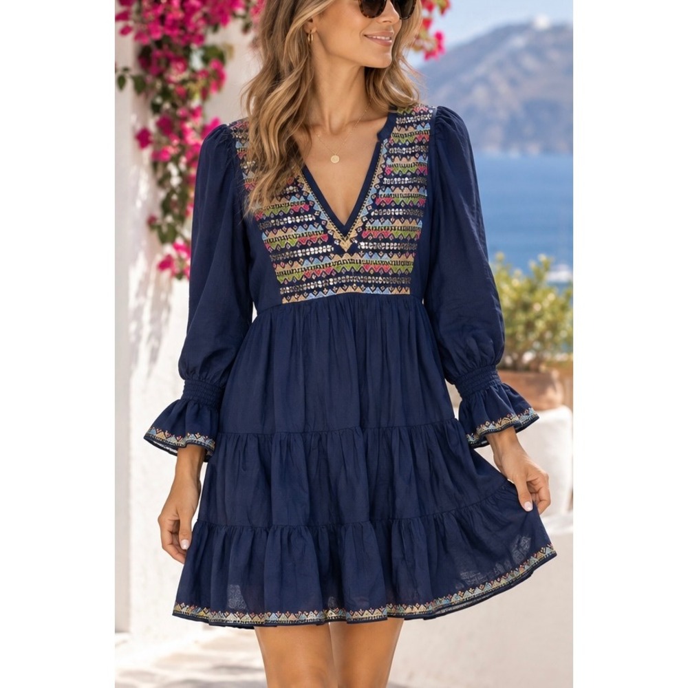 Pomander Place Navy Blue Embroidered Sequin Mini Dress Size M A10020 Boho Tiered